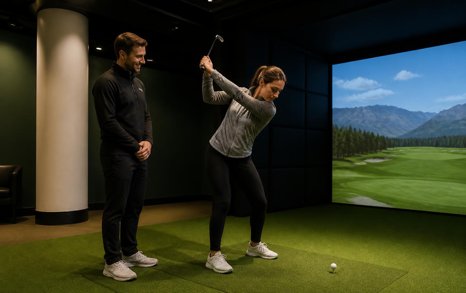 A first-timer taking a swing in a simulator bay